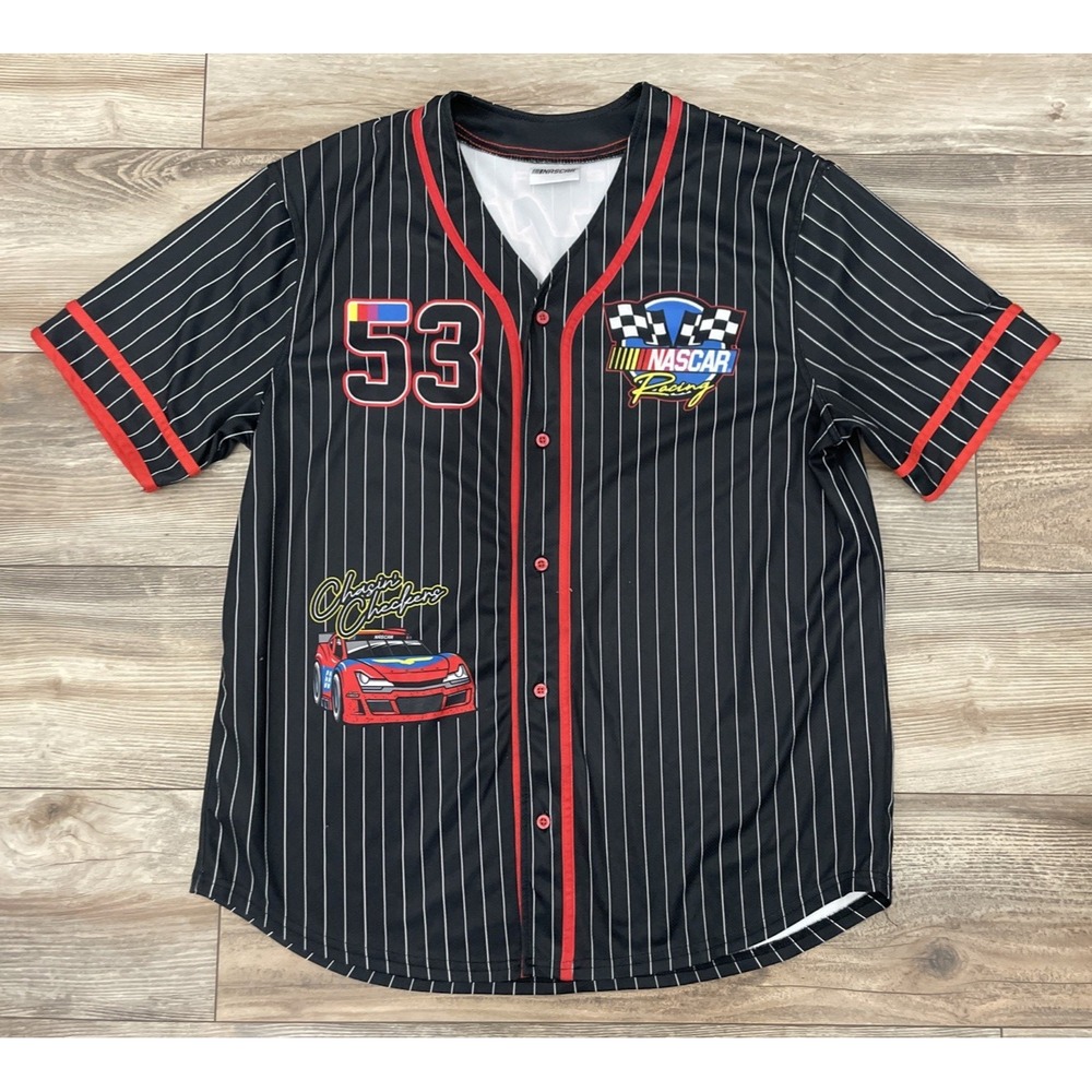 OFFICIAL NASCAR Racing Men’s Black/Red Pinstripe #53 Team Jersey XL Graphic